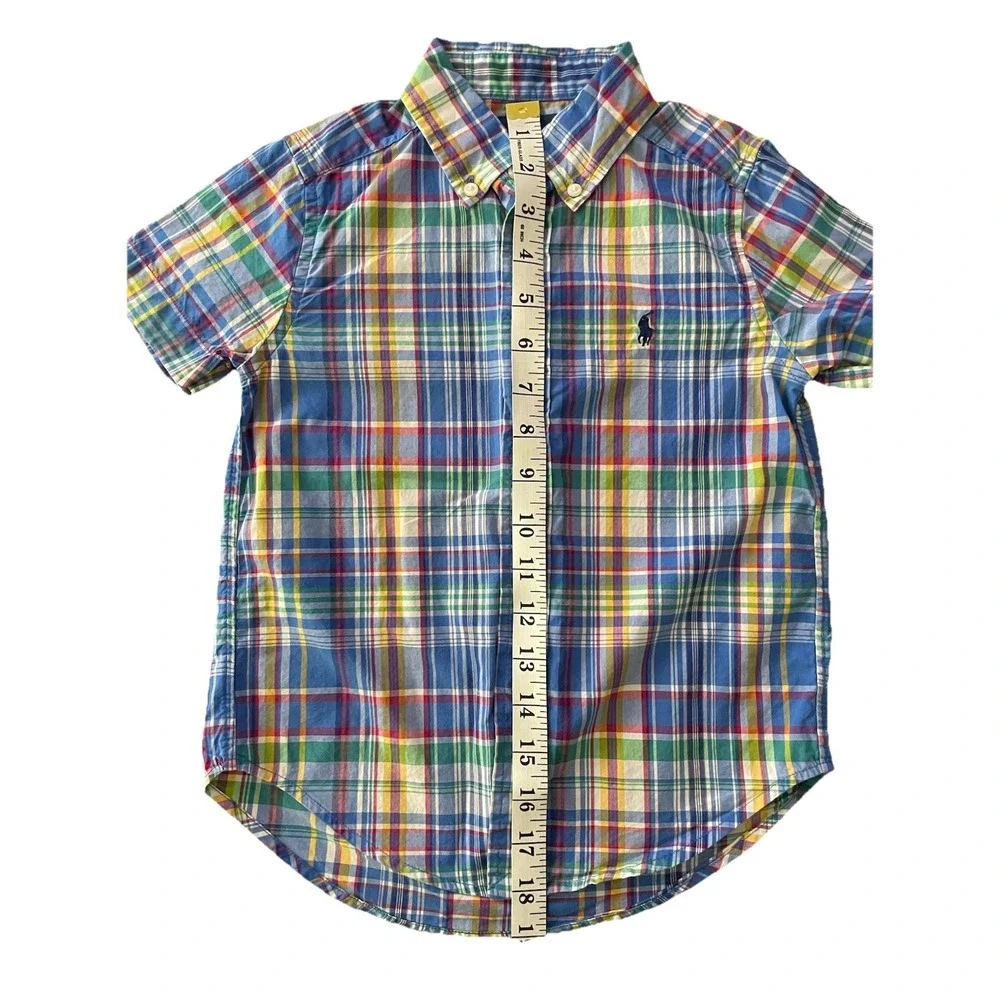 Ralph Lauren Boys Multi Color Plaid Short Sleeve Button Down Shirt Size 4 Cotton